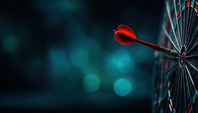Close-up shot of a red dart perfectly hitting the bullseye on a dartboard, set against a blurred, moody teal background emphasizing precision and focus.