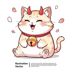 Cute cartoon cat with horns and bell illustration, playful and charming design