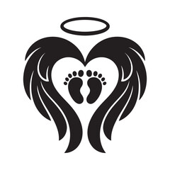 A heart shaped with wings and baby footprints topped with a halo