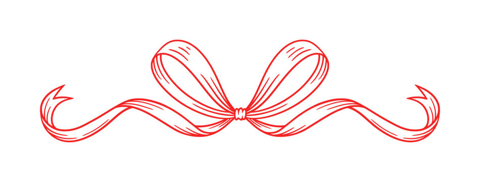 Coquette bow red, line art drawing. Hand drawn illustration of vintage tied ribbon. Wedding, birthday gift, retro style. Cute girly vector illustration. Doodle lace.