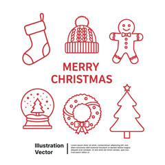 Collection of Red Christmas Icons Including a Stocking, Hat, Gingerbread Man, Snow Globe, Wreath, and Tree