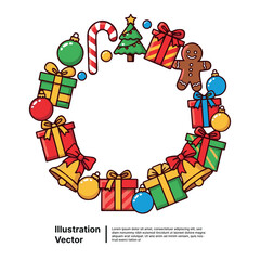 Festive Christmas Wreath Border with Gifts, Candy Cane, Gingerbread Man, and Ornaments