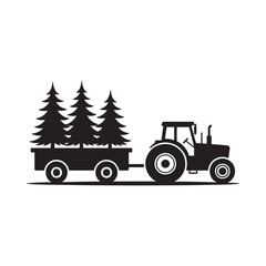 A black silhouette of a tractor pulling trees on a flatbed trailer