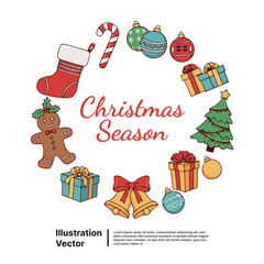 Happy Christmas Season decorative frame with gingerbread man, stocking, gifts, baubles, tree, bells, and candy cane