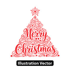 Decorative 'Merry Christmas' typography artfully shaped into an ornate festive tree design with a star for holiday seasons