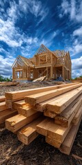Wide-angle shot of a wood frame house under construction, emphasizing the lumber pile in the foreground.