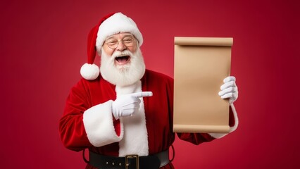 Santa Claus holds up a brown paper scroll with a surprised expression indoors.
