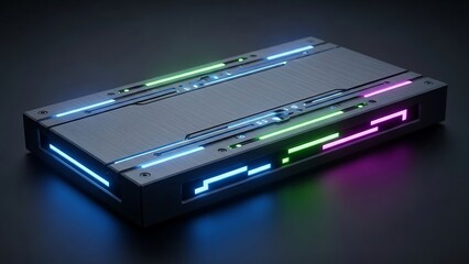 Futuristic Device with Neon Lights on Dark Background.