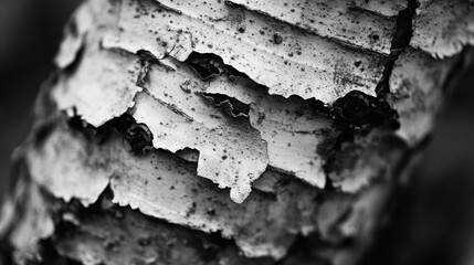 Detailed close-up of peeling tree bark in black and white, showcasing intricate natural textures and abstract organic patterns.