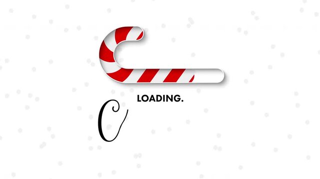 Candy cane loading bar making progress write-on Christmas curly text on white snowfall background illustration animation in modern minimal style - 4K horizontal video 12 second seamless loop