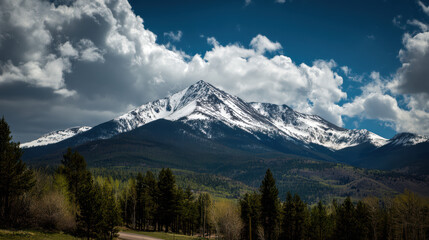 A majestic snow-capped mountain peak rises above a lush green forest under a vibrant blue sky filled with dramatic white clouds on a sunny day adventure.