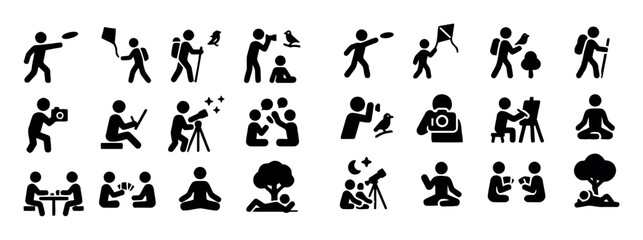Icons representing recreational and outdoor activities like hiking, photography, and relaxation. vector illustration