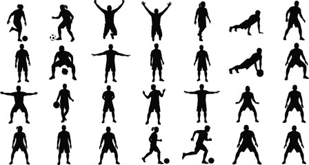 Set of black vector silhouettes showing soccer and basketball players, men doing pushups, people jumping with hands up, fitness poses, isolated on white background