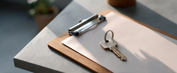 Single silver key placed on blank paper attached to wooden clipboard on gray table with soft natural light and blurred background