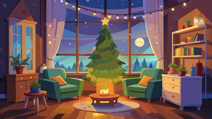 Cozy living room with christmas tree