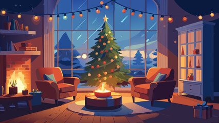 Cozy living room with christmas tree