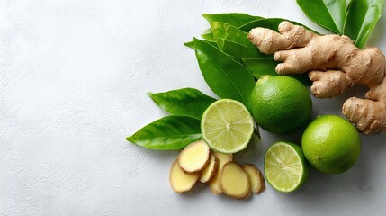 Obraz premium Vibrant still life showcasing the freshness of limes, ginger, and lush green leaves against a light background. A healthy and natural composition evoking a sense of wellness.