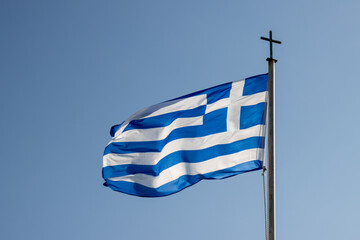Greek flag on a pole, blue sky, Greece