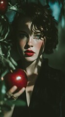 Whimsical Forest Portrait of Woman Holding Red Apple. She has black hair, wearing a black dress. Soft, dreamlike, with a gentle tone. Fashion and make-up shoot. Dramatic. Elegant.	