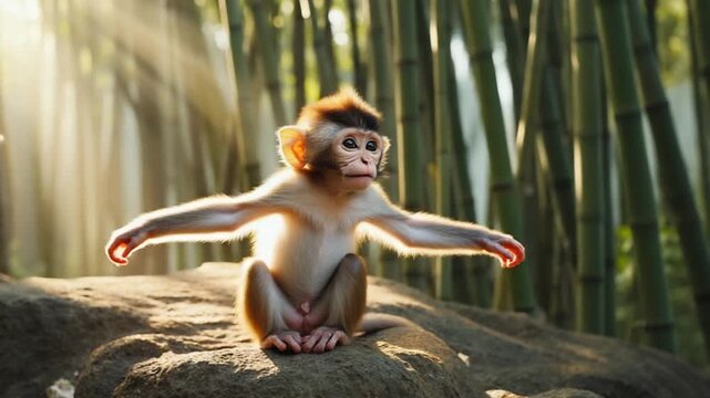 A baby monkey sits on a rock with bamboo in the background and sunlight shining through the trees monkey video