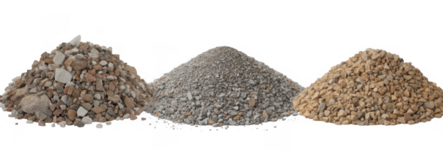 Three piles of different colored gravel isolated on a transparent background stones