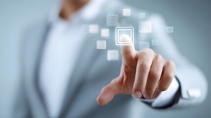 Close up of a human finger interacting with a luminous square icon on an abstract digital display symbolizing innovation decision making and the future of user interfaces