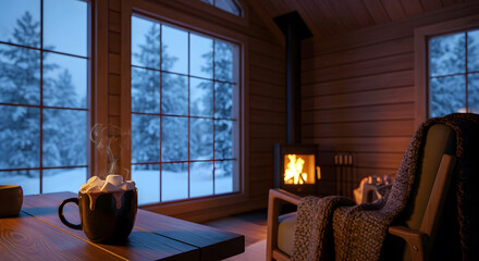 Cozy cabin interior with fireplace, steaming hot cocoa, and large window overlooking snowy winter forest