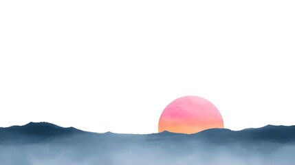 Minimalist abstract watercolor landscape featuring a vibrant pink and orange sun partially submerged behind stylized blue waves on the horizon conveying a sense of peace and natural beauty