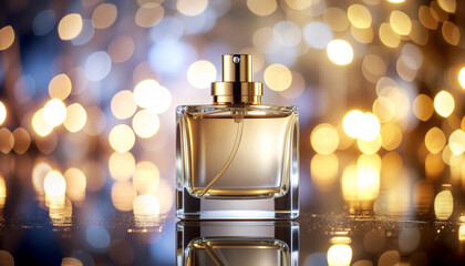 Elegant perfume bottle with golden liquid on a reflective surface.