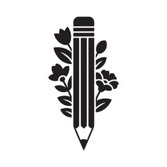 A pencil intertwined with blooming flowers in a simple black and white design