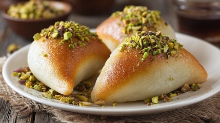 Indulge in the delectable flavors of these golden-brown pastries, adorned with crushed pistachio, perfect for a sweet treat or a special occasion. Enjoy the nutty, rich taste