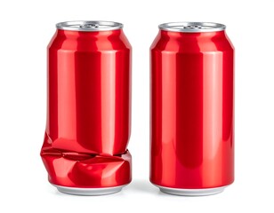 Two red aluminum beverage containers, one crushed, set against a clean white background