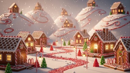 Snowy Gingerbread Village with Warm Lights and Winter Atmosphere