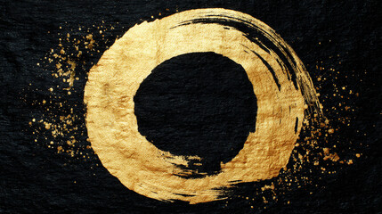 黒色の和紙と筆で描いた金の丸（生成AI)