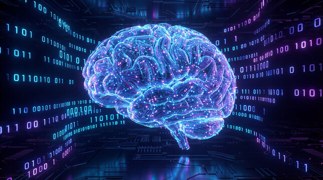 A highly detailed, glowing blue and purple digital representation of a human brain, surrounded by streams of binary code (zeros and ones) in a dark, futuristic technological environment.
