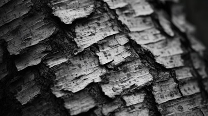 Close-up of rugged, peeling tree bark in black and white, showcasing intricate natural textures and layers.