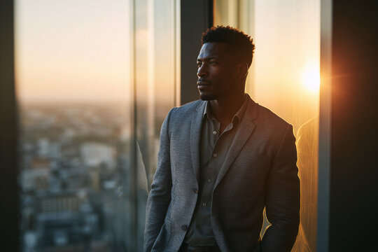 Black man resetting posture beside an office window with city skyline. Calm, inclusive workplace wellness moment in warm light. Black, afro American businessman standing near window, thinking, pensati - Powered by Adobe
