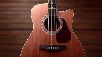 Obraz premium Detailed view of an acoustic guitar s body strings and soundhole presented against a textured wooden plank background suitable for music and leisure themes