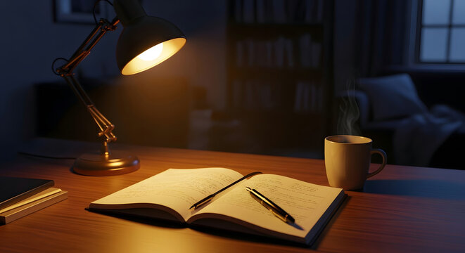 Cozy late night study scene with warm lamp light illuminating an open book and coffee