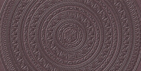 Round pattern embossed on imitation of thick brown-red cardboard. Mandala. 