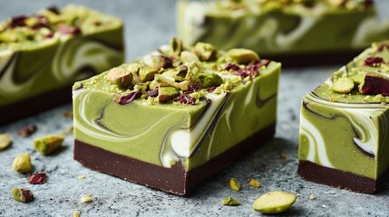 Indulge in the allure of layered matcha dessert bars. Creamy matcha swirls atop a rich base, adorned with pistachios and red sprinkles. A treat for the senses!