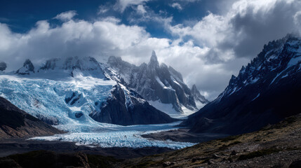 A stunning vista reveals snow-capped jagged mountain peaks dominating a glacial valley filled with ice under a dramatic sky, creating a majestic landscape.