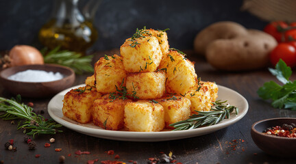 Aromatic potato cubes stacked high on a plate, seasoned with herbs and spices. Earthy tones and natural light enhance the rustic feel, inviting a delightful culinary experience.