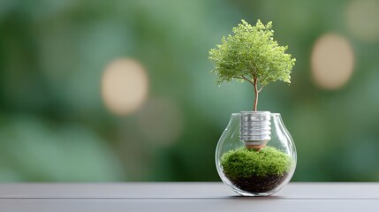 A miniature tree sprouts from moss and soil within a clear glass lightbulb representing ecological concepts sustainability and the origin of innovative ideas in a natural setting