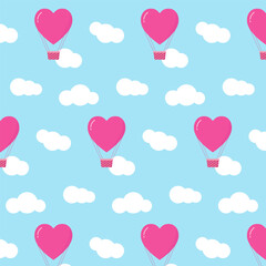 Happy Valentine's Day seamless pattern.Cute heart shaped hot air balloon in pink and white clouds repeat pattern isolated on pastel blue background.Vector graphic illustration wallpaper.