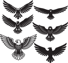 Fototapeta premium Flying Eagle Silhouettes and Line Art Wings Spread Collection