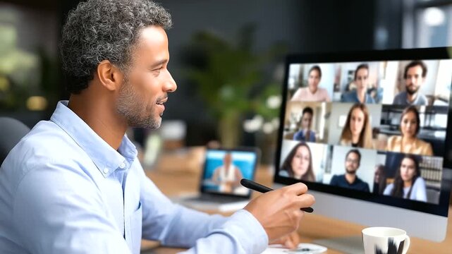 Global virtual training session with coach leading remote lecture to diverse international audience from multiple locations, online education webinar, video conference grid, with c