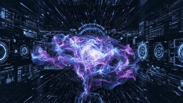 Energetic purple and blue light forms rapidly swirl and bloom across a dark void, generating vibrant neon particles and a dynamic digital science background artificial intelligence, dynamic, plasma