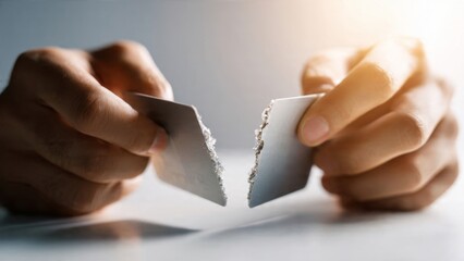 Hands tearing credit card in half symbolizing financial freedom and debt relief minimalist studio setting
