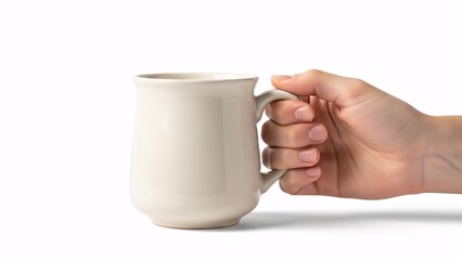 A hand holding a white ceramic mug with a handle